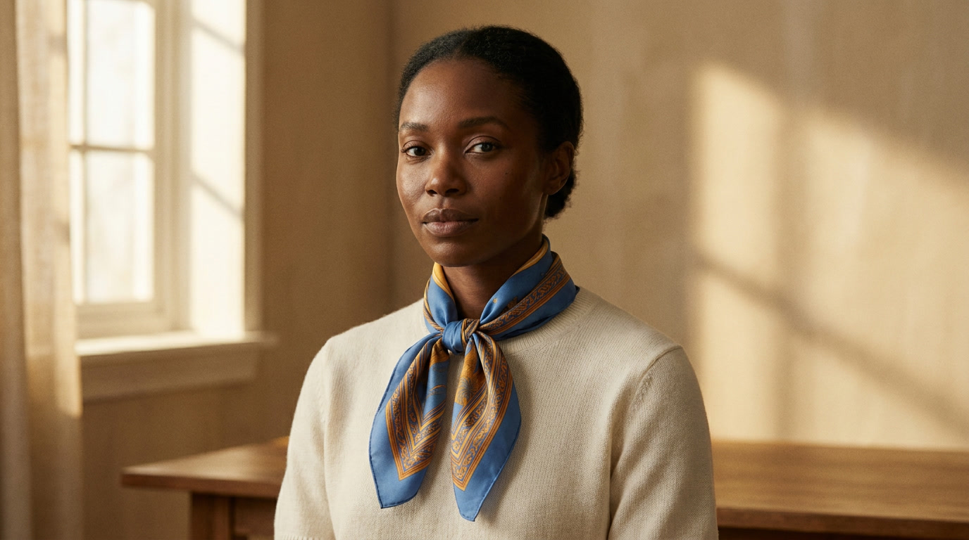 An editorial portrait of a woman wearing the VELOCÉ silk scarf