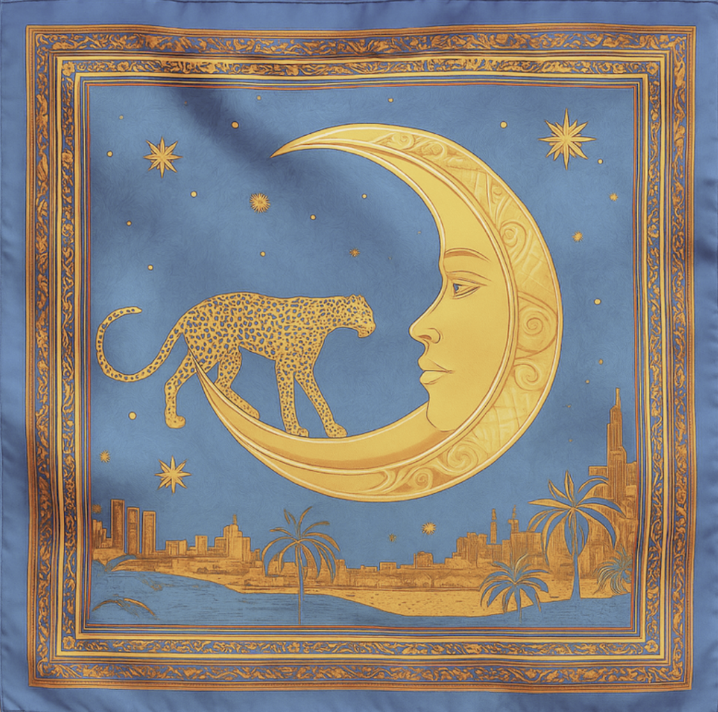 The VELOCÉ silk scarf — a cheetah crossing a crescent moon over a palm-lined cityscape within an ornate border